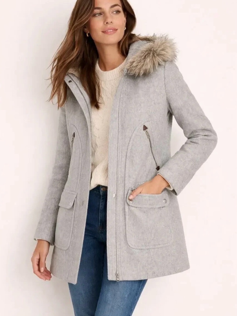 J. Crew Light Gray Wool-Blend Pea Coat with Faux Fur Hood Trim